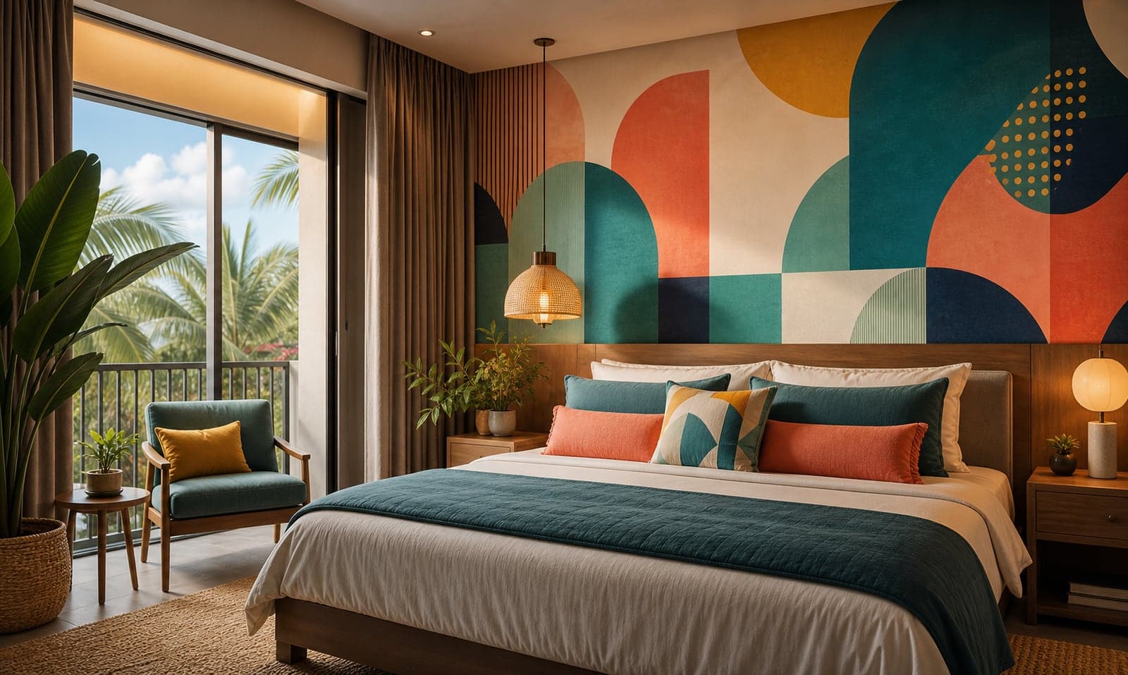 Custom geometric wallpaper installed in a themed bedroom