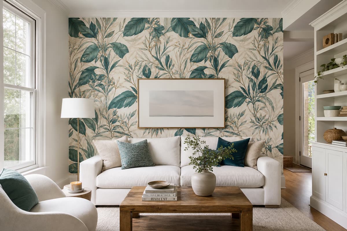 Home living room interior with custom installed wallpaper