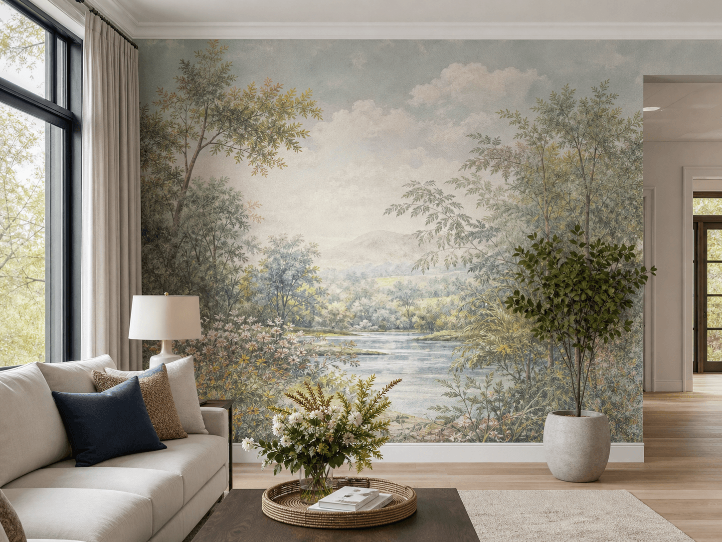 Custom scenic wallpaper mural installed in a premium living room
