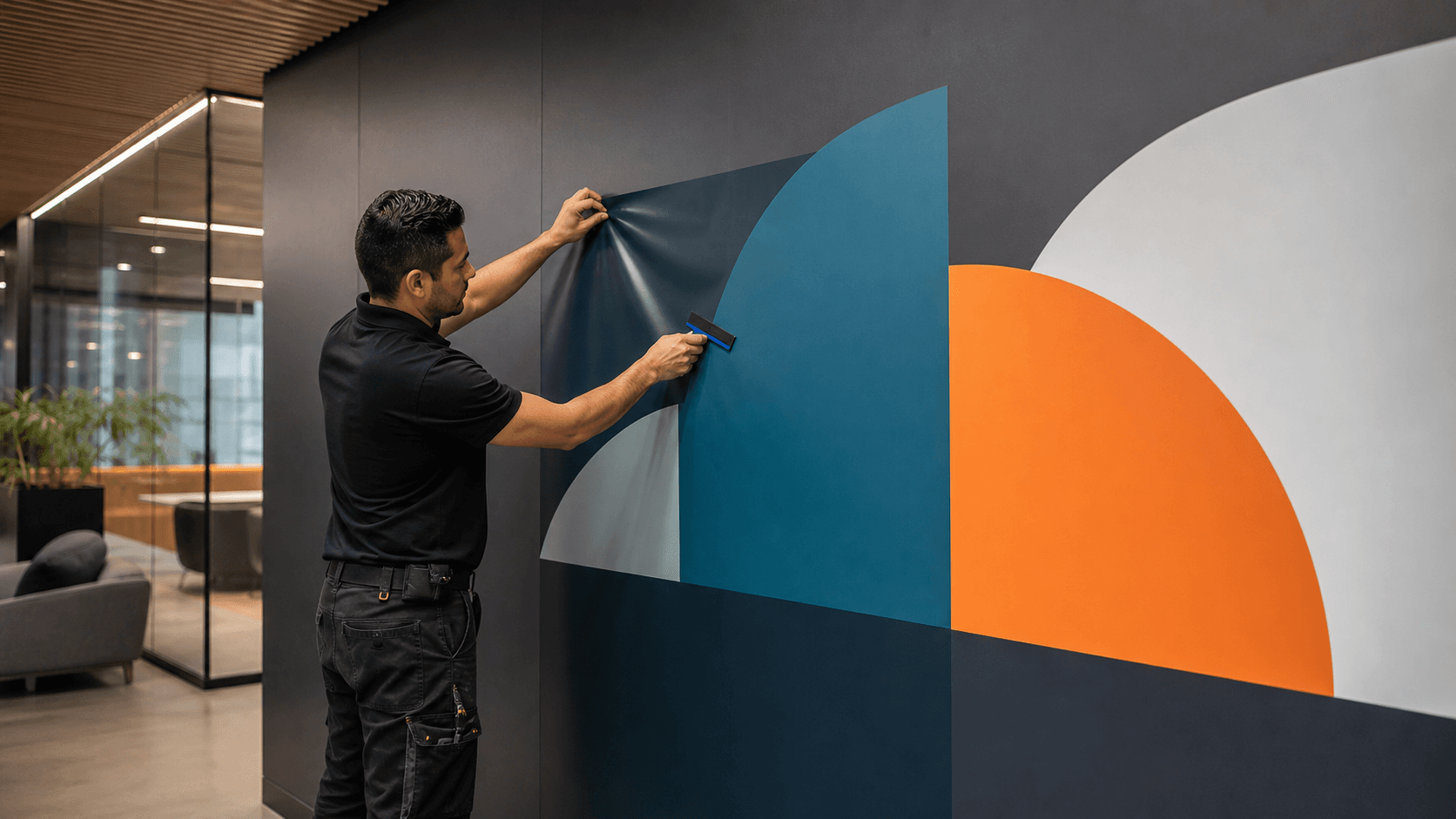 Vinyl and PVC surface graphics being installed on a commercial wall