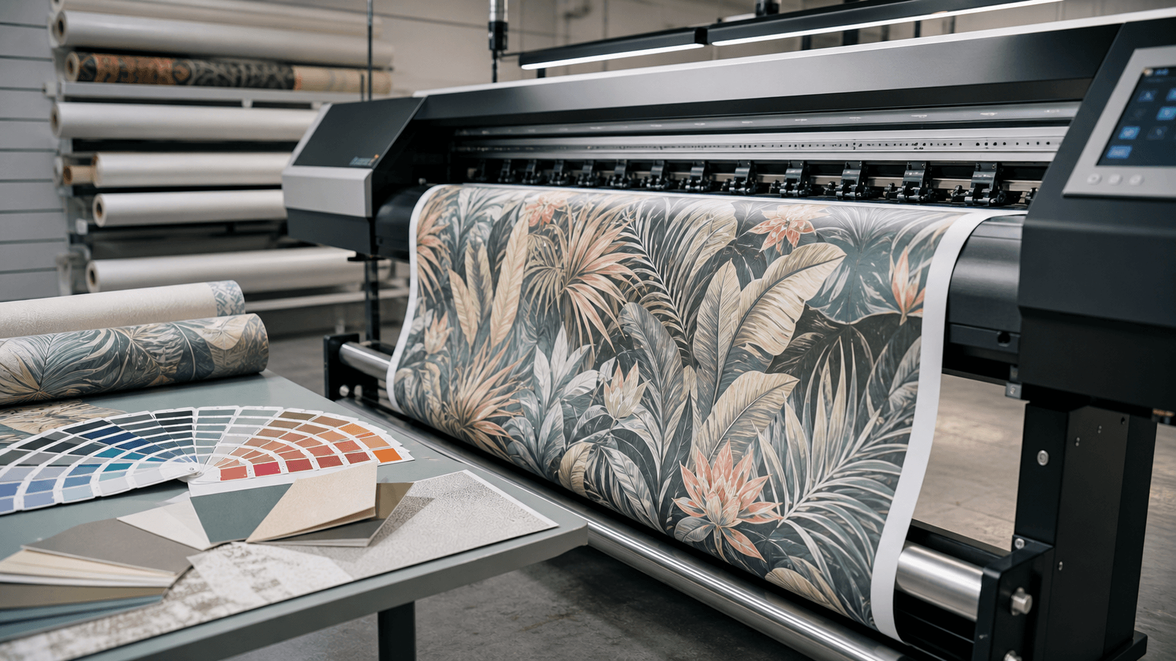 Large-format printer producing a botanical wallpaper roll