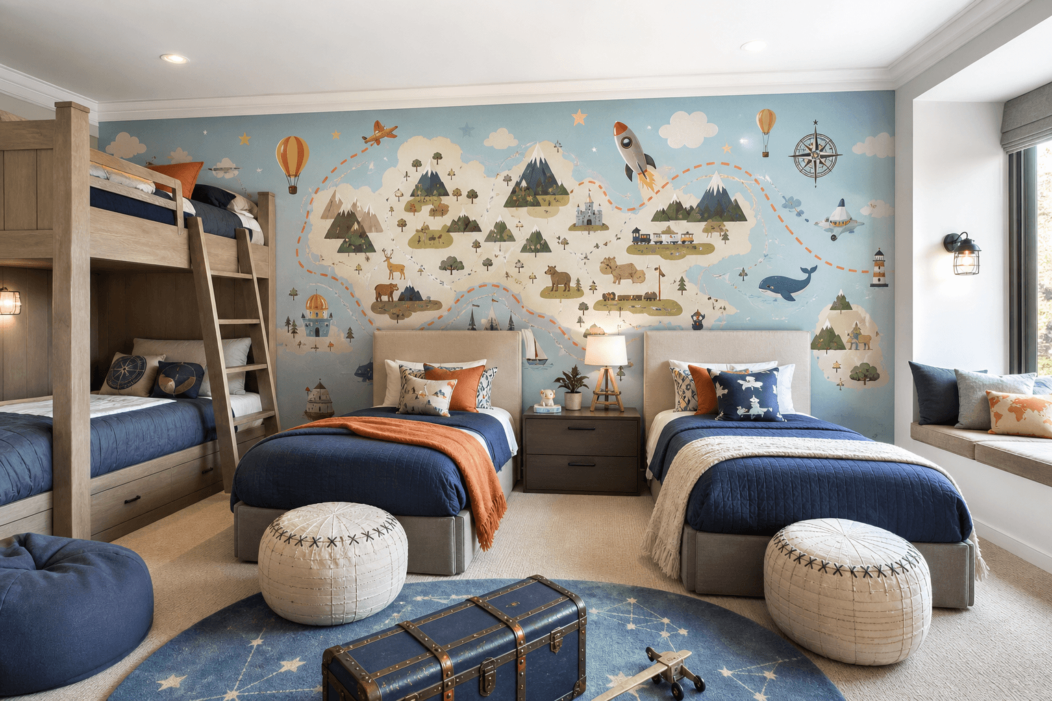 Kids adventure suite with playful custom wallpaper mural