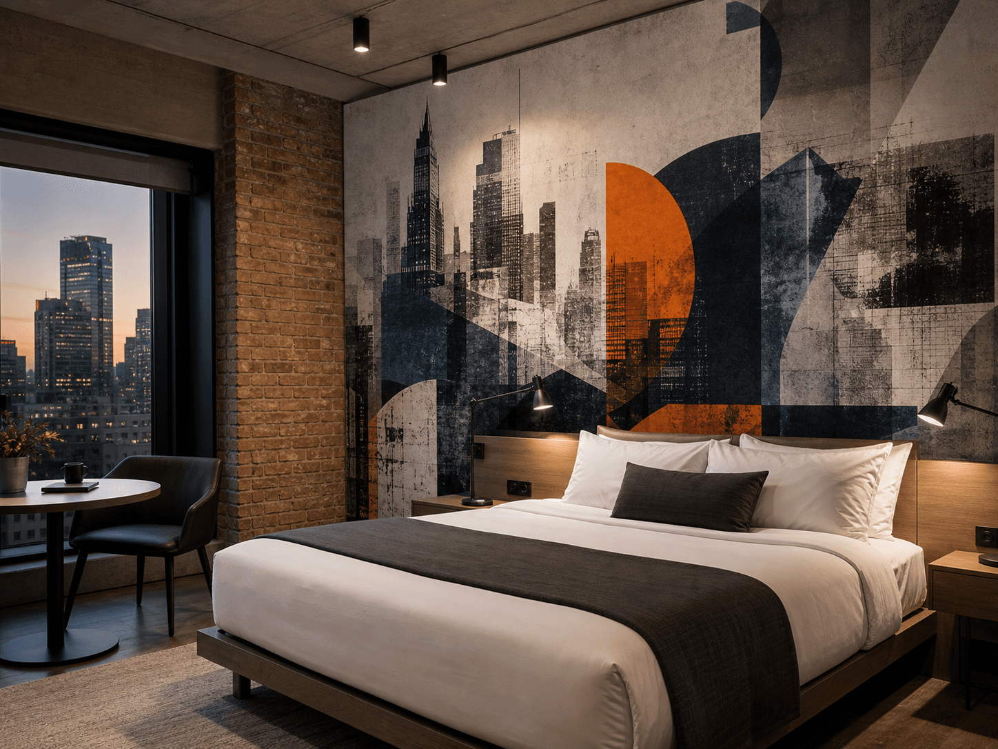Urban boutique room with a graphic city mural wallpaper