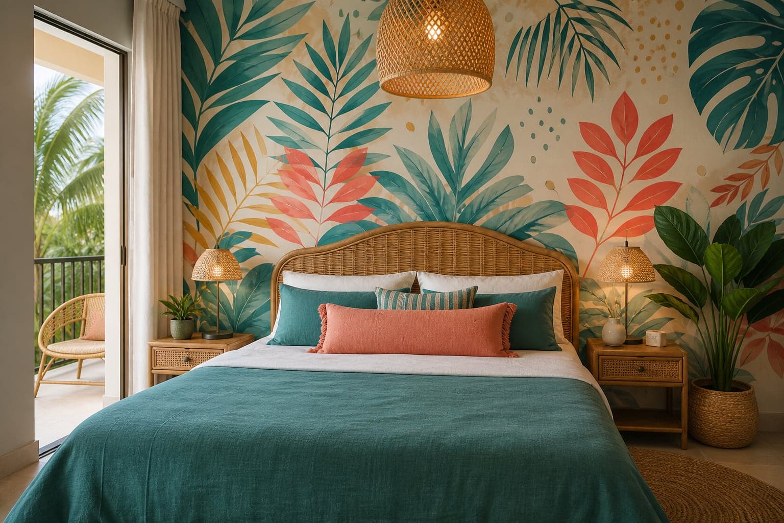 Tropical escape room with lush botanical custom wallpaper